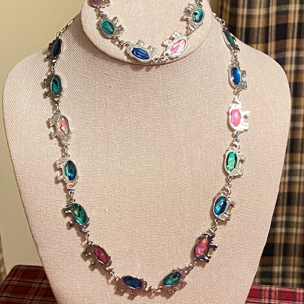 Silver & Colorful Glass Dancing Elephants Necklace & Matching Bracelet